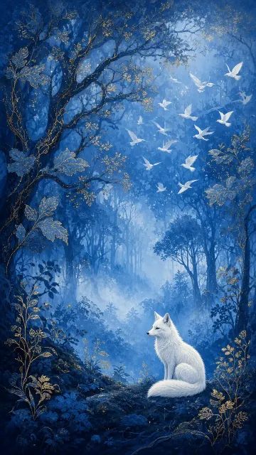 Dreamy Aesthetics image example: Dreamy Blue Forest and White Fox Fairy Tale Art