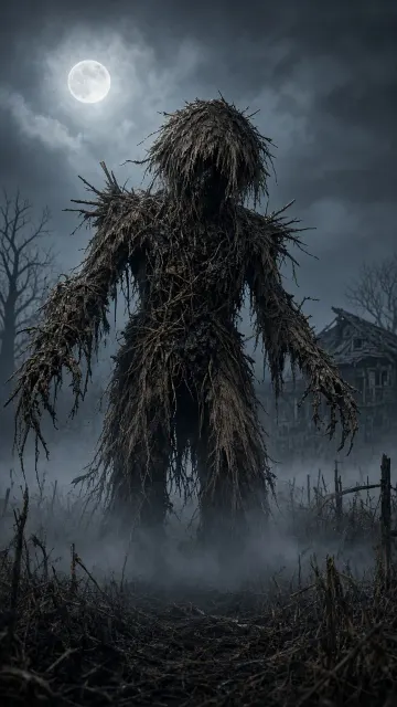 Low Saturation Morandi image example: Eerie Midnight Scarecrow Monster Illustration