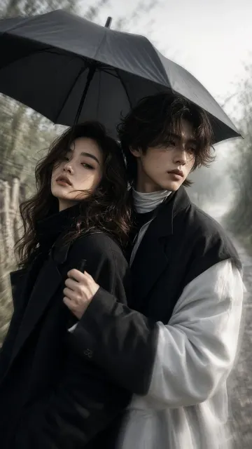 Black and White Contrast image example: Surrealist Country Trail Portrait of an East Asian Couple