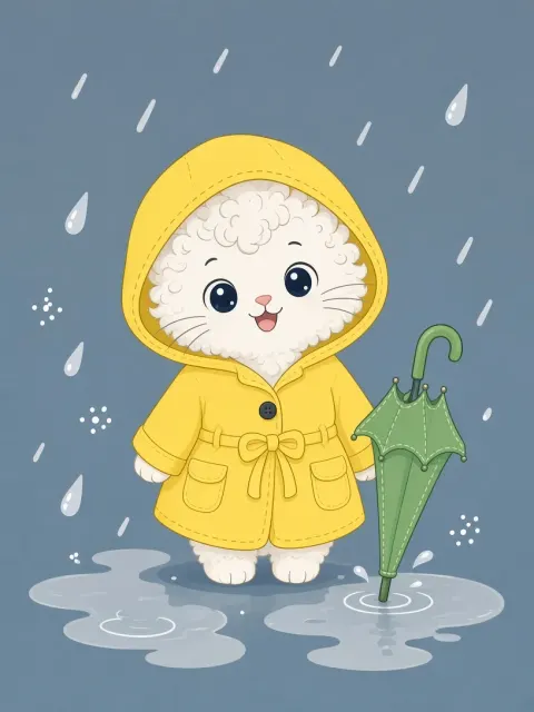 Cozy and Whimsical image example: Charming Rainy Day Kitten Illustration