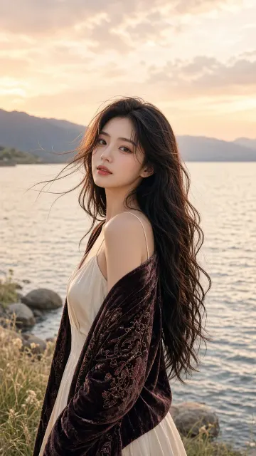 Romantic Aesthetic image example: Lakeside Sunset Portrait in Velvet Cardigan