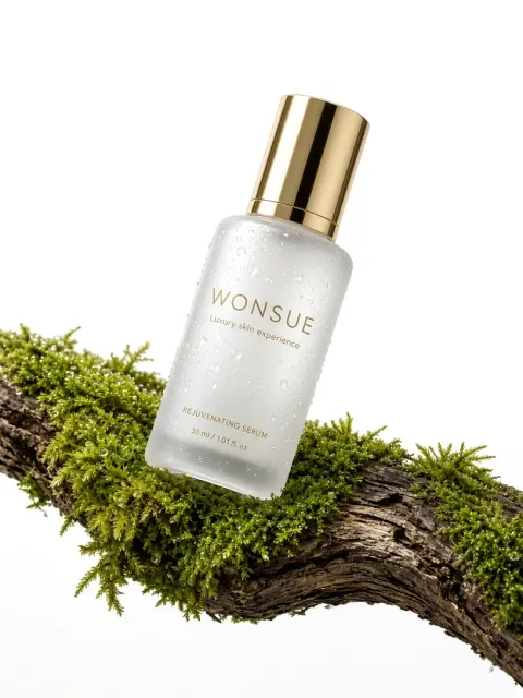 Commercial Still Life image example: Luxury Skincare Serum on Dewy Moss Branch Photography