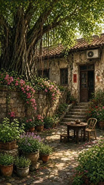 Banyan Tree image example: Old Town Banyan Courtyard Peaceful Daily Life Illustration