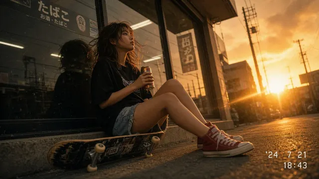 Golden Hour image example: Nostalgic Japanese Film Convenience Store Sunset Snapshot