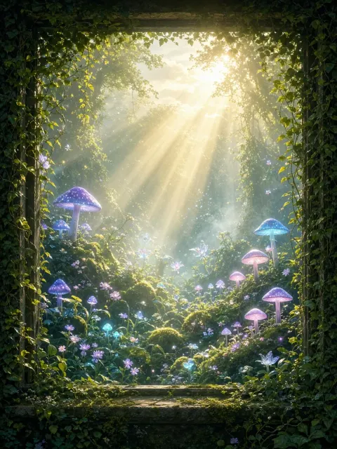 Fantasy Secret Garden with Glowing Mushrooms Illustration