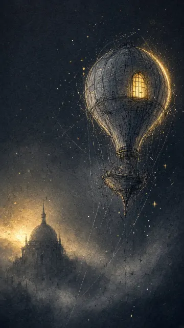 Minimalist Wireframe Domed Hot Air Balloon Under Starlight
