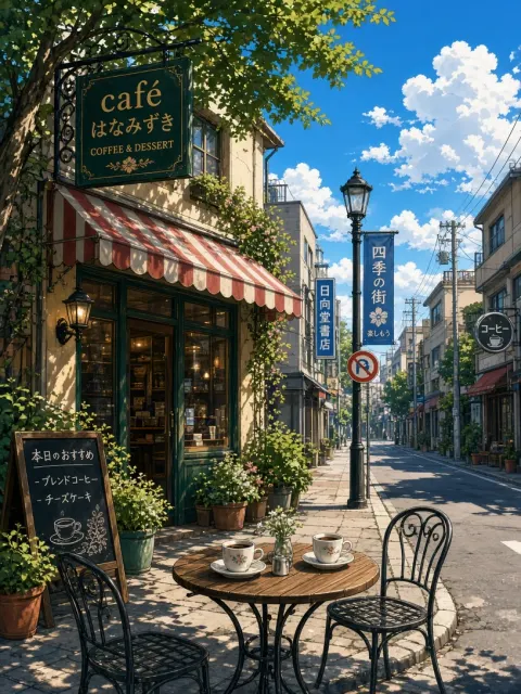 Cozy Atmosphere image example: Sunlit Urban Cafe Japanese Anime Illustration