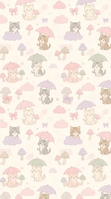Seamless Pattern image example: Cute Kitten and Mushroom Ditsy Floral Seamless Vector Pattern