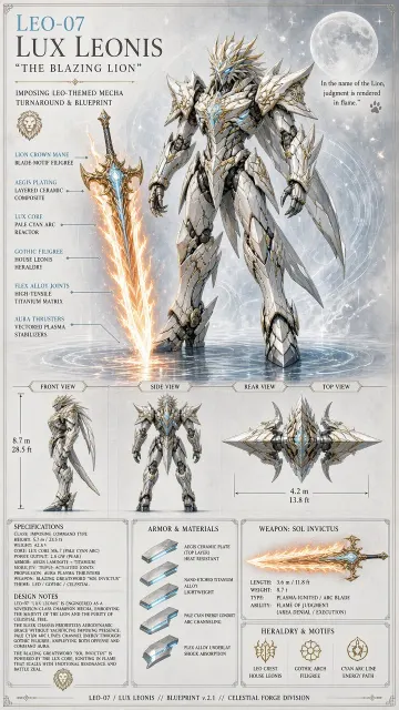 Mecha Design image example: Gothic Mecha Leo Blueprint Concept Sheet