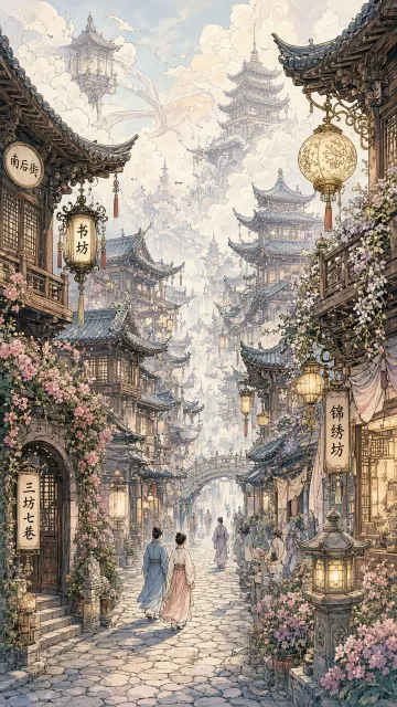 Fantastical Panoramic Historic Alleyway Illustration