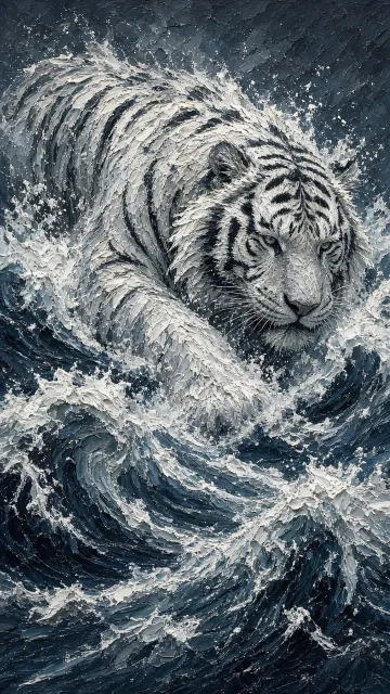 Impasto CG Giant White Tiger Over Ocean Waves