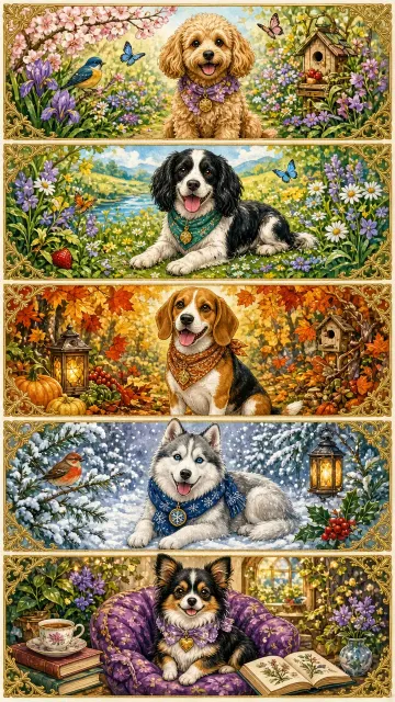 Dogs image example: Maximalist Four Seasons Dogs Vertical Pentaptych
