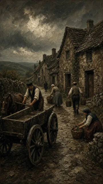 Chiaroscuro image example: Dark Realist Oil Painting of Ancient Village Life
