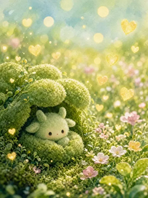 Floral Meadow image example: Whimsical Healing Green Furry Macro Illustration