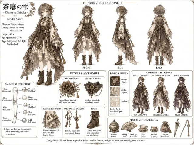 Turnaround Sheet image example: Anime Girl Character Concept Sheet with Three Views