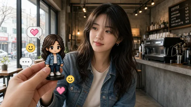Korean Aesthetic Cafe Fashion Portrait with Pixel Figurine