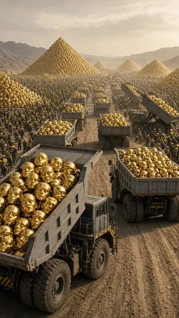 Industrial image example: Surreal Fleet of Trucks Transporting Golden Sculptures