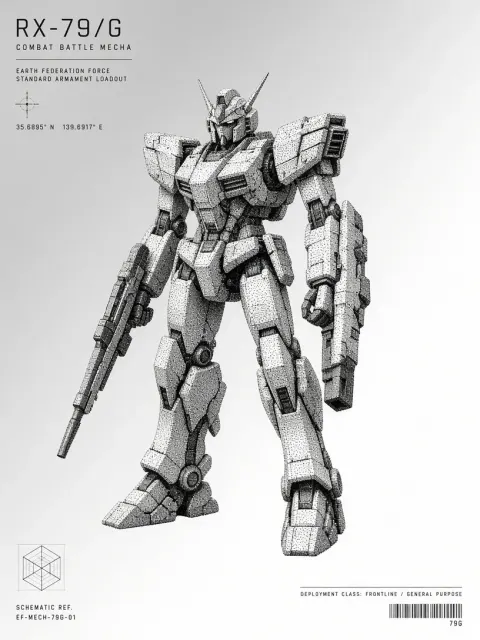 Pointillist Retro-Futuristic Combat Mecha Illustration