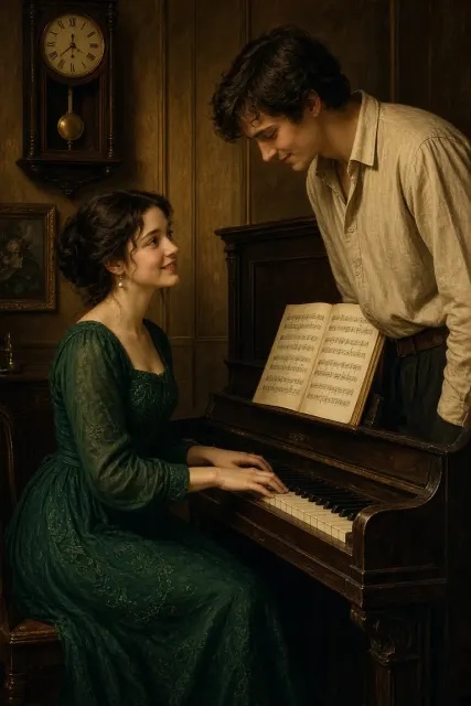 Oil Painting Style image example: Vintage Oil Painting Style Couple Portrait in Piano Room