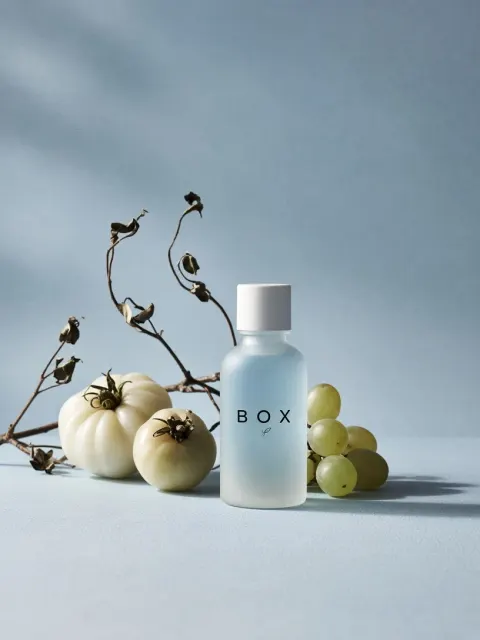 Branding & Logo image example: Morandi Light Blue Essential Oil Bottle Still Life Photography