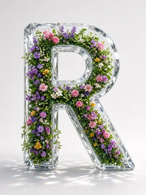 3D Crystal Letter R with Floral Inlay