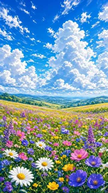 Blue Sky image example: Vibrant Anime Flower Meadow and Blue Sky