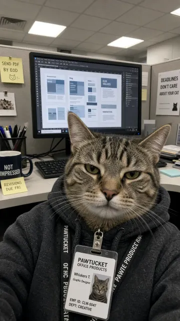 Office Life image example: Disillusioned Anthropomorphic Cat Office Selfie