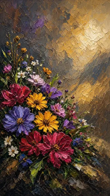 Impasto Oil Painting of Blooming Wildflowers
