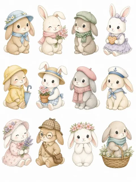 Childrens Book image example: Watercolor Ink Cartoon Bunny Character Grid