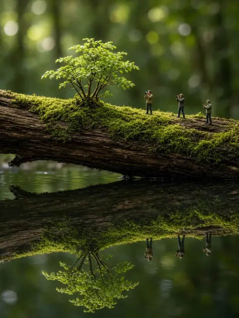 Miniature Driftwood and Moss Water Reflection