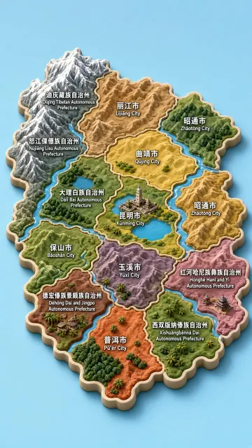 Top Down image example: 3D Stylized Relief Map of Yunnan
