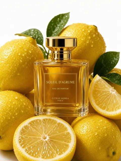 Luxury Aesthetic image example: Luxury Amber Perfume with Fresh Lemons Commercial Still Life