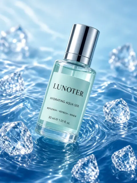 Cool Tone Water Ripple and Ice Crystal Skincare Photography