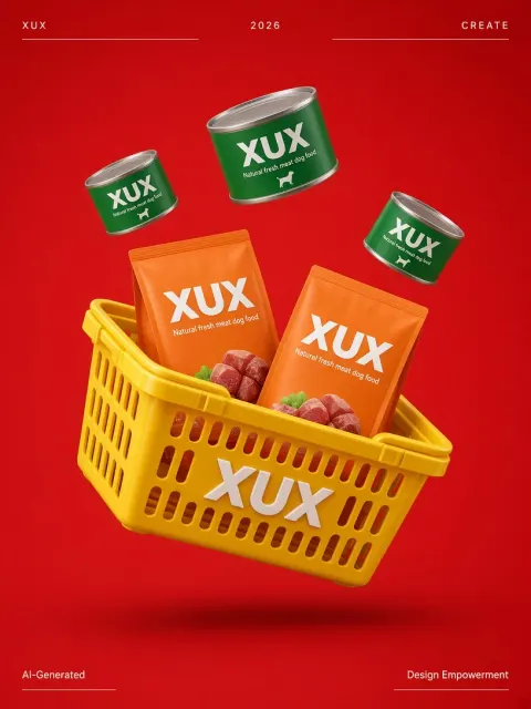 3D Product Render image example: Minimalist Dog Food E-Commerce Poster on Red