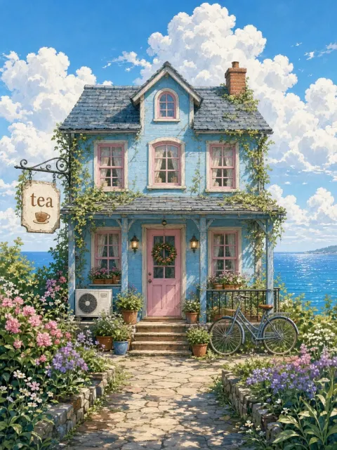 Anime Summer Seaside Blue Cottage Illustration