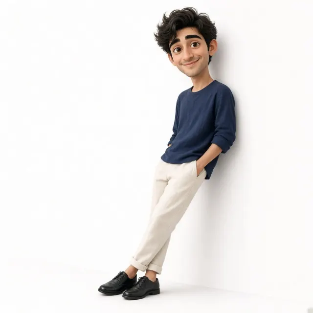 Stylized Bobblehead Fashion Portrait Against White Wall