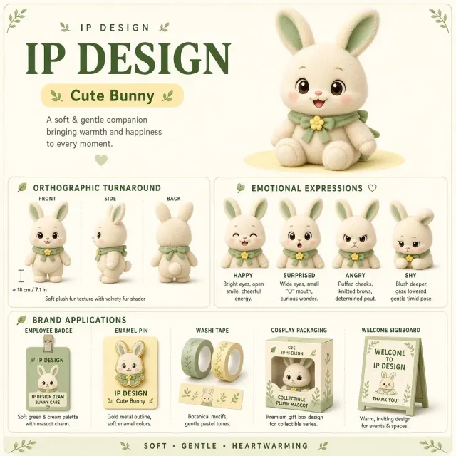 Merchandise Design image example: Chibi Plush Bunny 3D Mascot Brand Identity Sheet