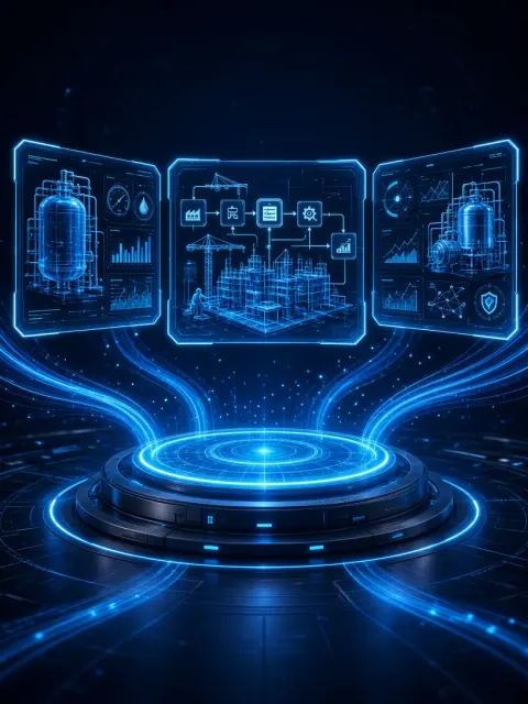Blue Gradient image example: Floating Holographic Screens on Blue Gradient Tech Platform