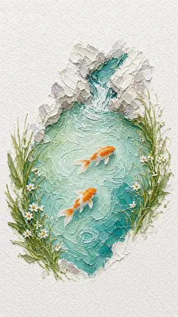 Impasto Mountain Brook and Twin Goldfish Illustration