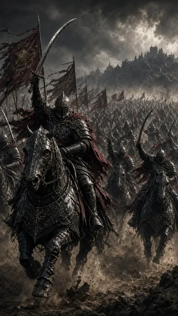 Epic Fantasy image example: Maximalist Heavy Cavalry Epic Battle Illustration