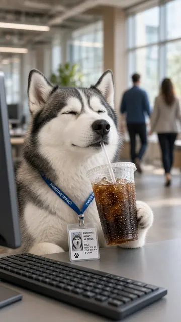 Close-Up image example: Playful Husky Drinking Iced Cola in Office