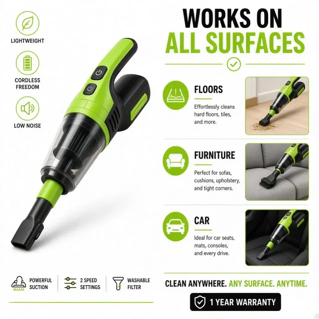 Minimalist Layout image example: Bright Green Cordless Vacuum Cleaner E-Commerce Poster