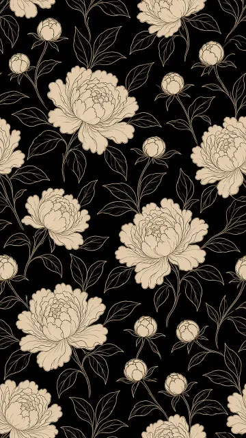 Black Background image example: Beige Peony Line Art Seamless Pattern