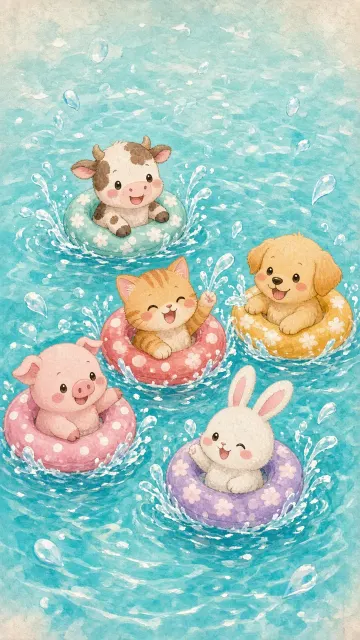 Dreamy image example: Whimsical Chibi Pool Splash Animals Illustration