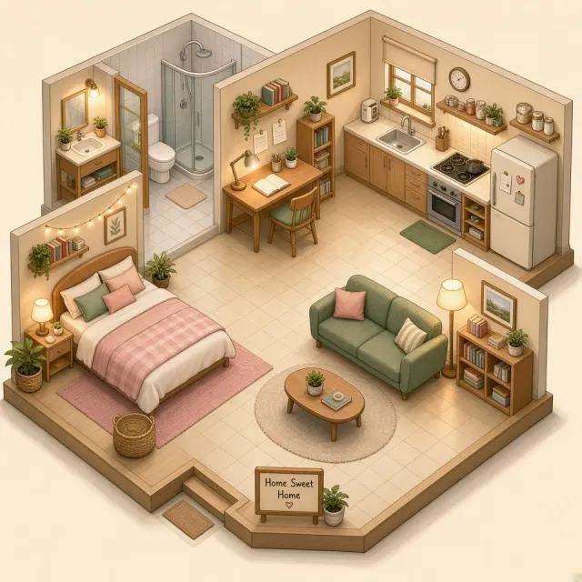 Cozy Isometric Studio Bedroom Game Illustration