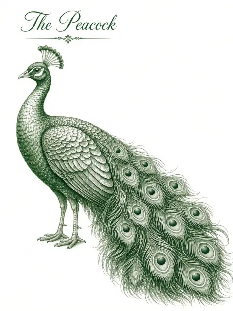 Stippling image example: Green Line Ink Pen Peacock Stippling Illustration