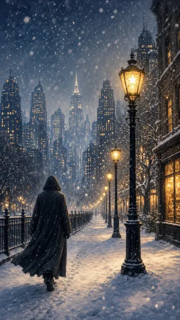 Winter City Solitude Under Star Lamppost
