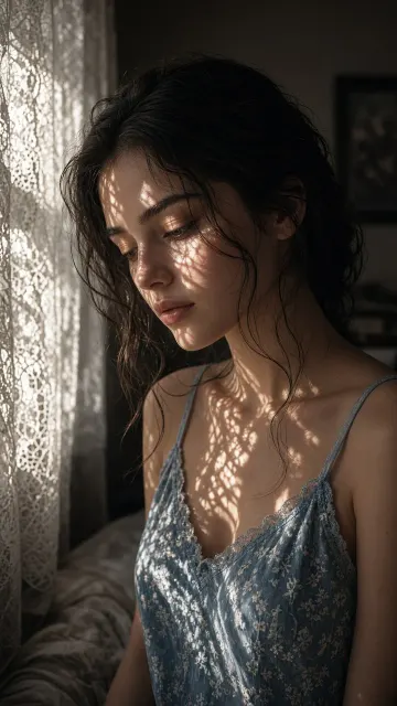 Moody Lace Curtain Shadow Portrait