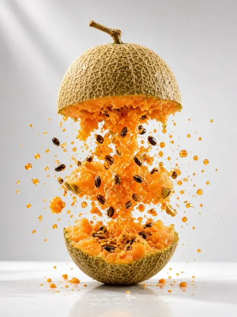 Dynamic Splash image example: Levitating Exploding Cantaloupe Commercial Photography