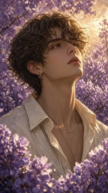 Character Art image example: 3D Impasto Illustration of Handsome Man in Violet Flowers